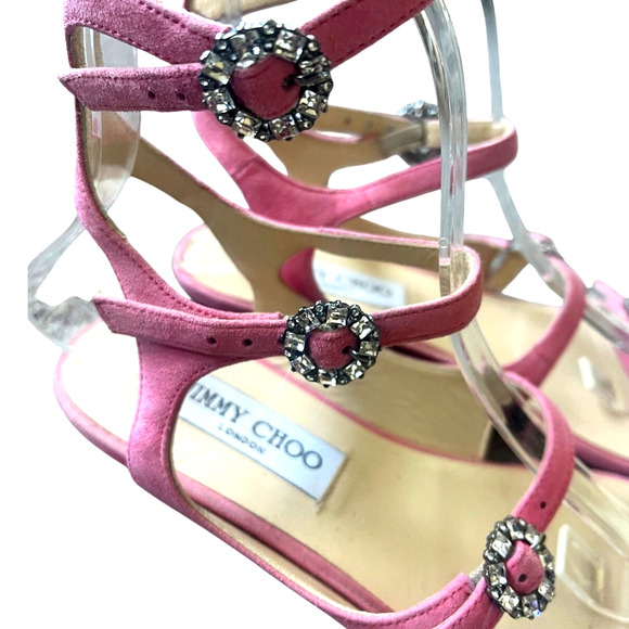 Jimmy Choo 6 Naia Crystal Buckle Sandals Suede Gladiator Flats Flamingo Pink 36 - Picture 3 of 10
